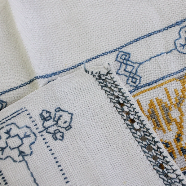 Vintage Linen Guest Towel Blue and Yellow Bird Cross Stitch Design Flawed