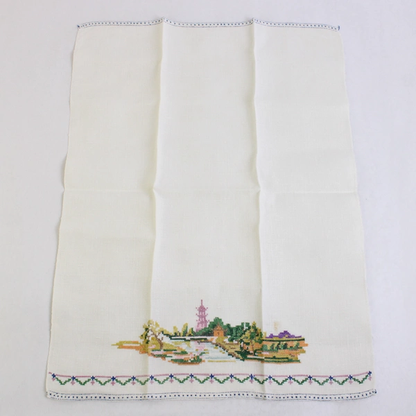 Vintage Linen Guest Towel Multicolor Pagoda Landscape Cross Stitch Design Flawed