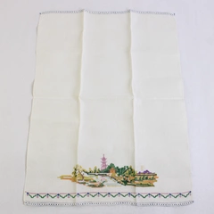 Vintage Linen Guest Towel Multicolor Pagoda Landscape Cross Stitch Design Flawed