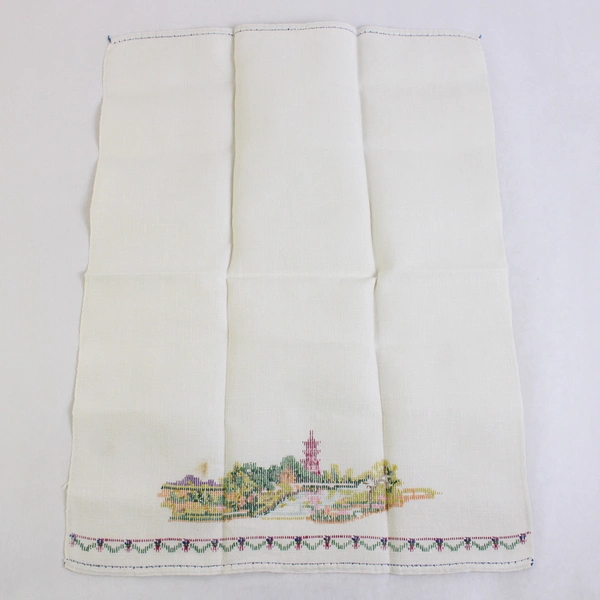 Vintage Linen Guest Towel Multicolor Pagoda Landscape Cross Stitch Design Flawed