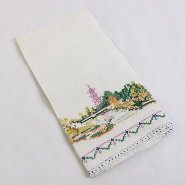 Vintage Linen Guest Towel Multicolor Pagoda Landscape Cross Stitch Design Flawed