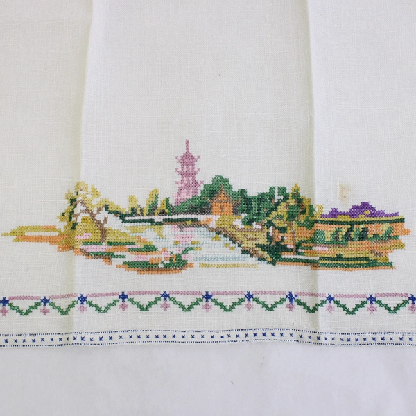 Vintage Linen Guest Towel Multicolor Pagoda Landscape Cross Stitch Design Flawed