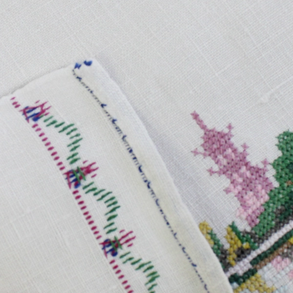 Vintage Linen Guest Towel Multicolor Pagoda Landscape Cross Stitch Design Flawed