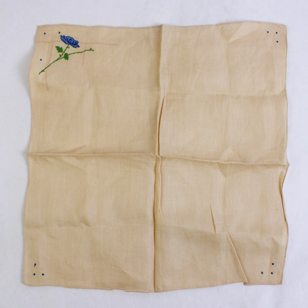 Women's Vintage Off-White Handkerchief Embroidered Blue Rose