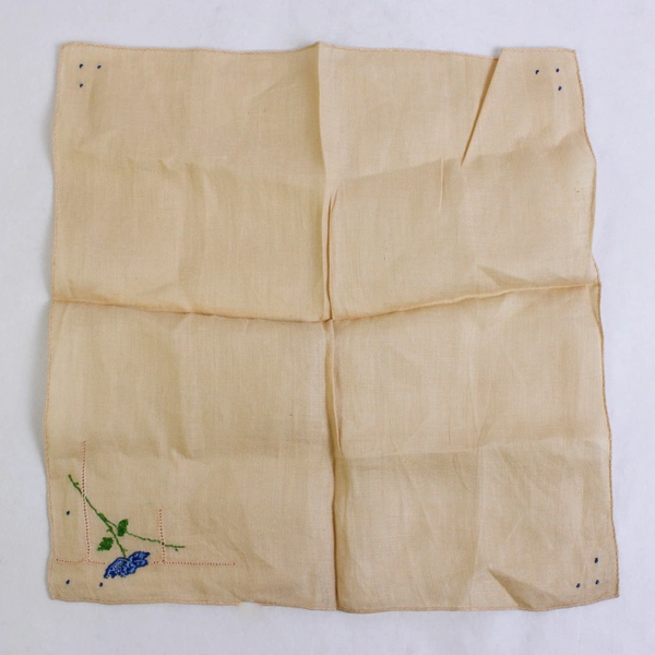 Women's Vintage Off-White Handkerchief Embroidered Blue Rose