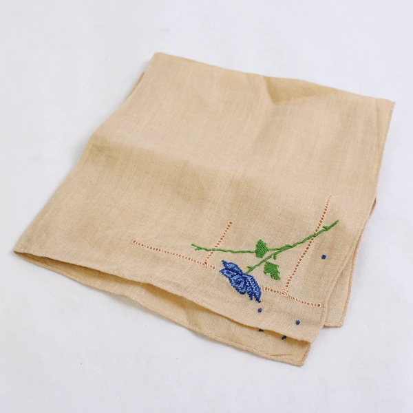 Women's Vintage Off-White Handkerchief Embroidered Blue Rose