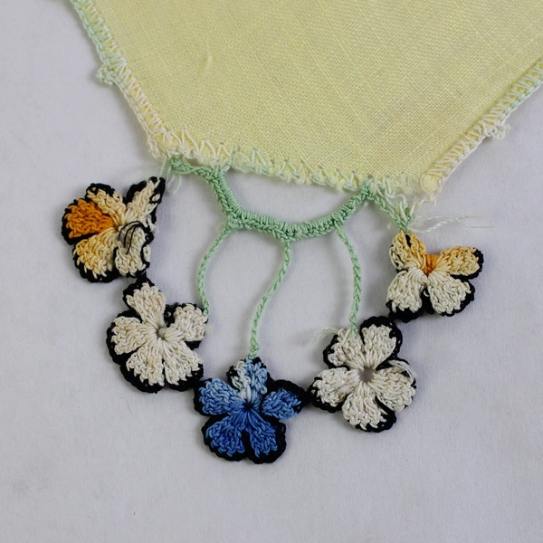 Women's Vintage Yellow Handkerchief Dangling Embroidered Flower Design Flawed