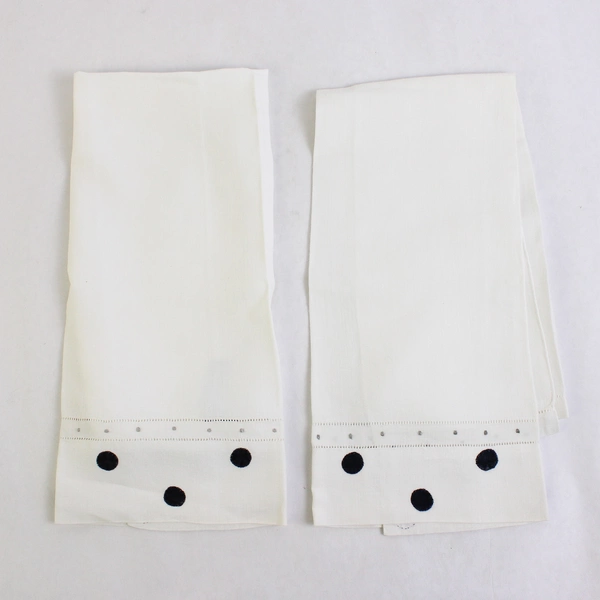 Set of 2 Vintage Linen Guest Towels White with Black Polka Dot Applique