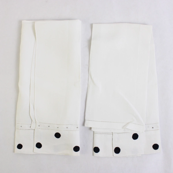 Set of 2 Vintage Linen Guest Towels White with Black Polka Dot Applique