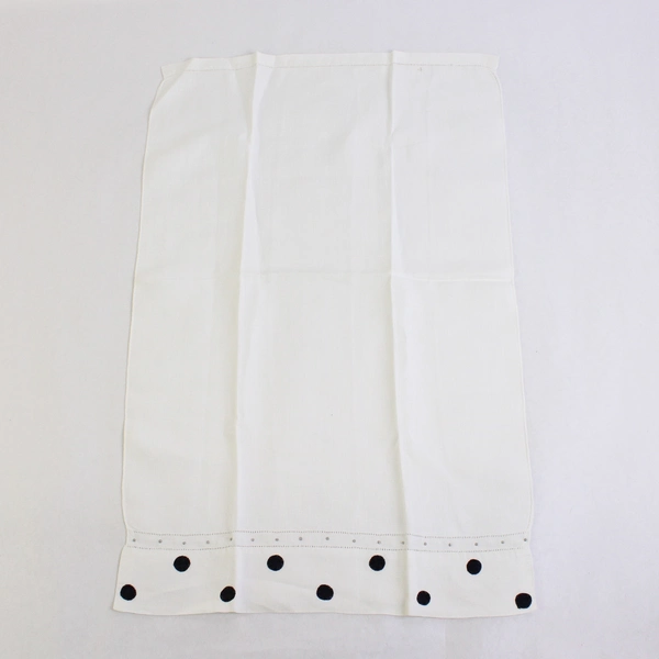 Set of 2 Vintage Linen Guest Towels White with Black Polka Dot Applique