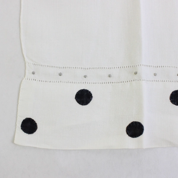 Set of 2 Vintage Linen Guest Towels White with Black Polka Dot Applique