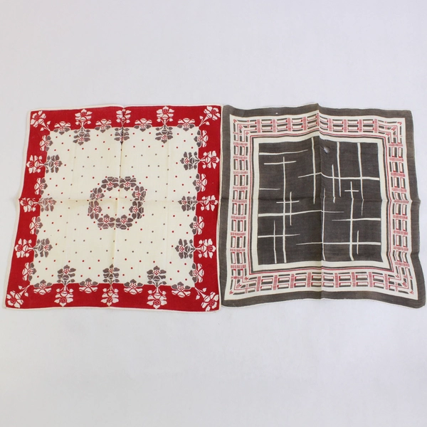 Lot of 2 Vintage Handkerchiefs Red Gray Cream Floral & Geometric Flawed