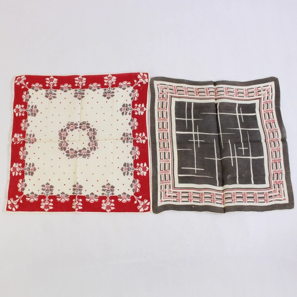 Lot of 2 Vintage Handkerchiefs Red Gray Cream Floral & Geometric Flawed