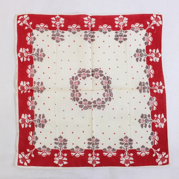 Lot of 2 Vintage Handkerchiefs Red Gray Cream Floral & Geometric Flawed