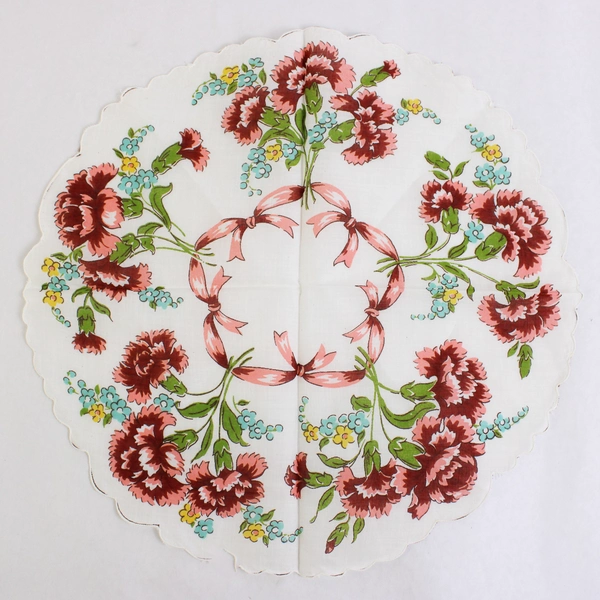 Women's Vintage Round Scalloped Edge Handkerchief Floral Carnation Design