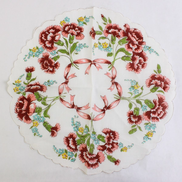 Women's Vintage Round Scalloped Edge Handkerchief Floral Carnation Design