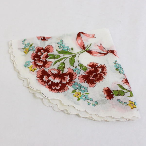 Women's Vintage Round Scalloped Edge Handkerchief Floral Carnation Design