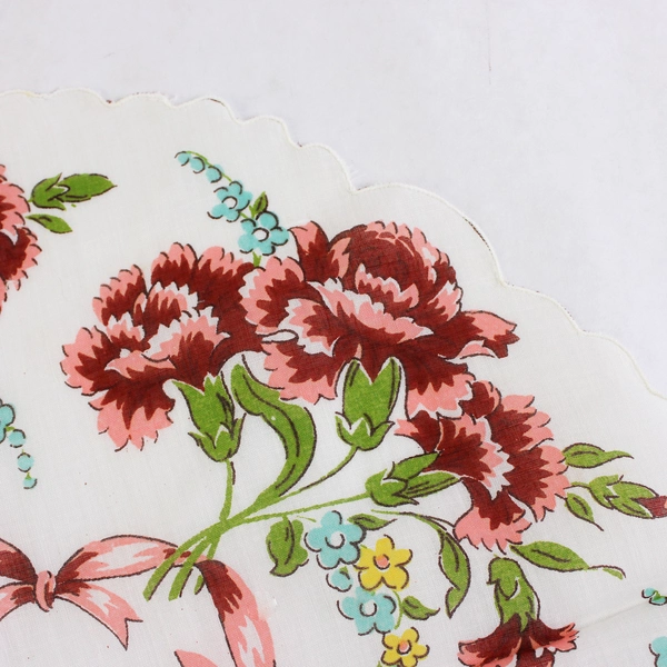 Women's Vintage Round Scalloped Edge Handkerchief Floral Carnation Design