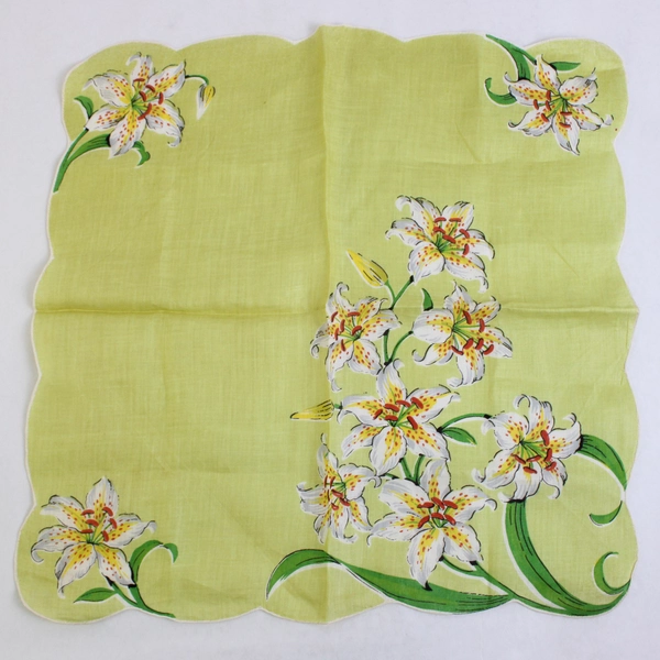Women's Vintage Green Scalloped-Edge Handkerchief Tiger Lily Design
