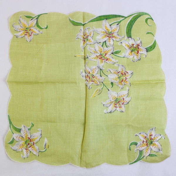 Women's Vintage Green Scalloped-Edge Handkerchief Tiger Lily Design