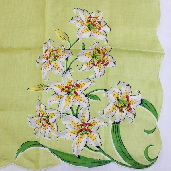 Women's Vintage Green Scalloped-Edge Handkerchief Tiger Lily Design