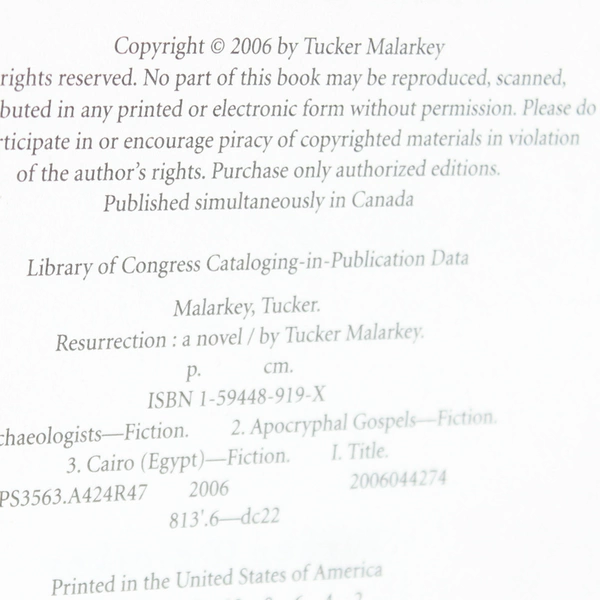 Resurrection by Tucker Malarkey 2006 Hardcover Novel Missing Dust Jacket