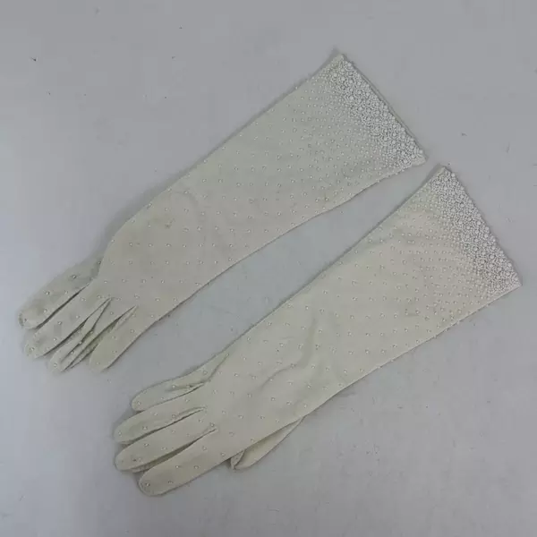 Vintage Women's Size 6 1/2  Double Woven Rayon White Beaded Long Evening Gloves