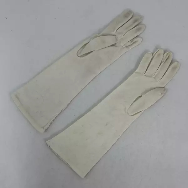 Vintage Women's Size 6 1/2  Double Woven Rayon White Beaded Long Evening Gloves