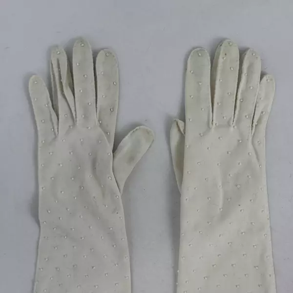 Vintage Women's Size 6 1/2  Double Woven Rayon White Beaded Long Evening Gloves