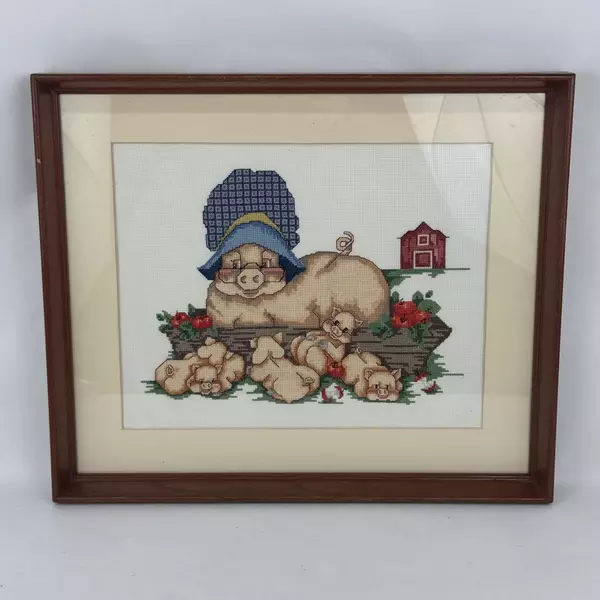 Framed And Matted Mama Pig with Piglets Farm Scene Completed Cross Stitch Piece