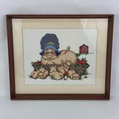 Framed And Matted Mama Pig with Piglets Farm Scene Completed Cross Stitch Piece