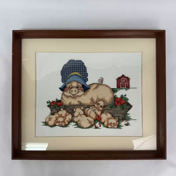 Framed And Matted Mama Pig with Piglets Farm Scene Completed Cross Stitch Piece