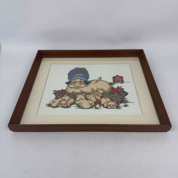 Framed And Matted Mama Pig with Piglets Farm Scene Completed Cross Stitch Piece