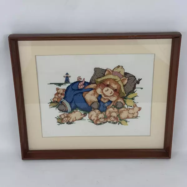 Framed And Matted Papa Pig with Piglets Farm Scene Completed Cross Stitch Piece