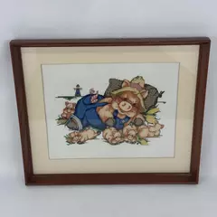 Framed And Matted Papa Pig with Piglets Farm Scene Completed Cross Stitch Piece