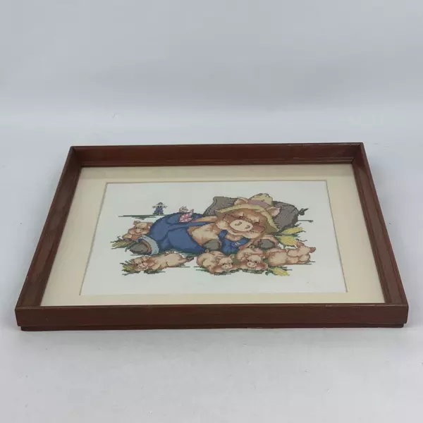 Framed And Matted Papa Pig with Piglets Farm Scene Completed Cross Stitch Piece