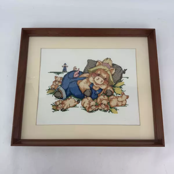 Framed And Matted Papa Pig with Piglets Farm Scene Completed Cross Stitch Piece