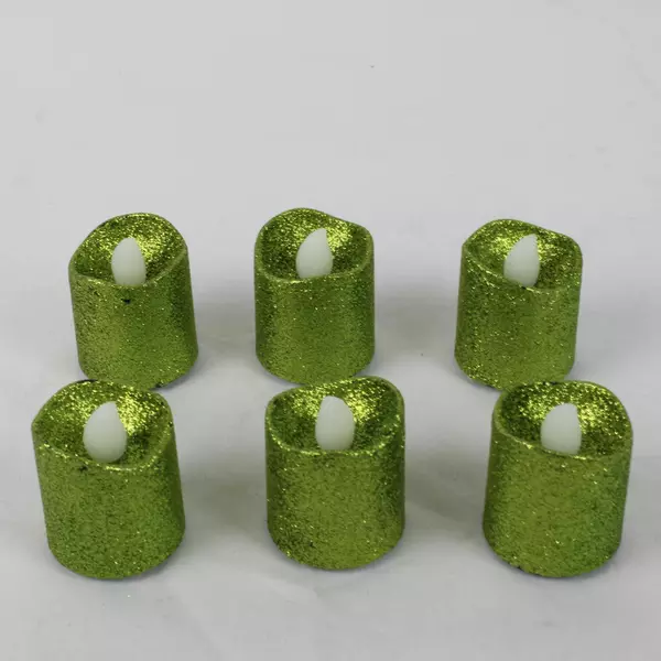 Lot of 6 Battery Operated Green Glitter Tea Light Candles LED Flameless