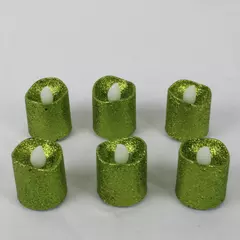 Lot of 6 Battery Operated Green Glitter Tea Light Candles LED Flameless