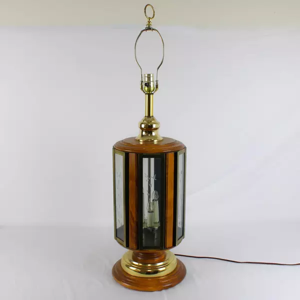 Don Ward Style Table Lamp Etched Glass Panel Oak Wood Brass Mid Century Vintage