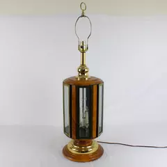 Don Ward Style Table Lamp Etched Glass Panel Oak Wood Brass Mid Century Vintage