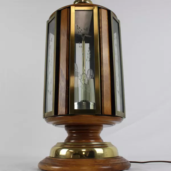 Don Ward Style Table Lamp Etched Glass Panel Oak Wood Brass Mid Century Vintage