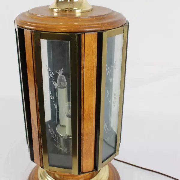 Don Ward Style Table Lamp Etched Glass Panel Oak Wood Brass Mid Century Vintage