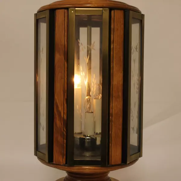 Don Ward Style Table Lamp Etched Glass Panel Oak Wood Brass Mid Century Vintage