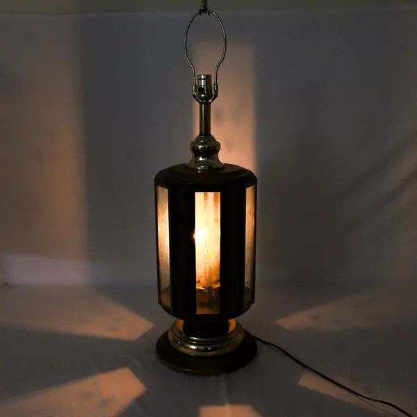 Don Ward Style Table Lamp Etched Glass Panel Oak Wood Brass Mid Century Vintage