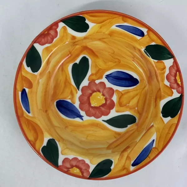 6 Pier 1 Hand-Painted Ceramic Wide Rim Soup Bowls Made In Italy Floral Pattern