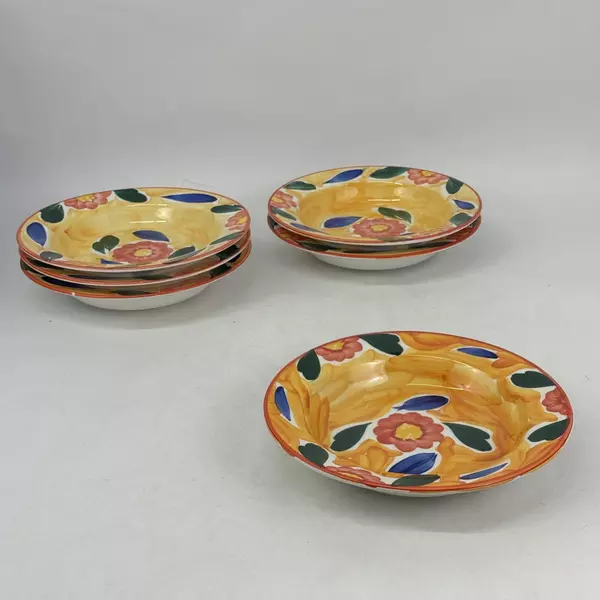 6 Pier 1 Hand-Painted Ceramic Wide Rim Soup Bowls Made In Italy Floral Pattern