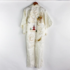 Handmade Beaded Off-White Kimono Robe Embroidered Gold Dragon Flawed Size 16