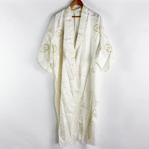 Handmade Beaded Off-White Kimono Robe Embroidered Gold Dragon Flawed Size 16
