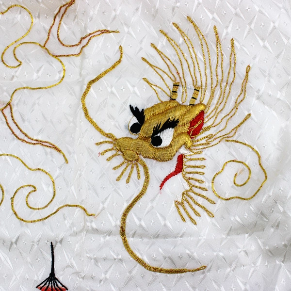 Handmade Beaded Off-White Kimono Robe Embroidered Gold Dragon Flawed Size 16